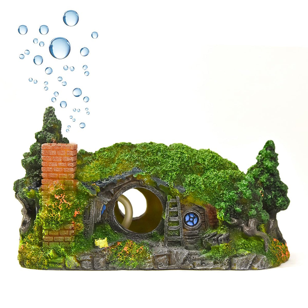 Fazhongfa aquarium castle hobbit-small front view enhances tiny tank ambiance.