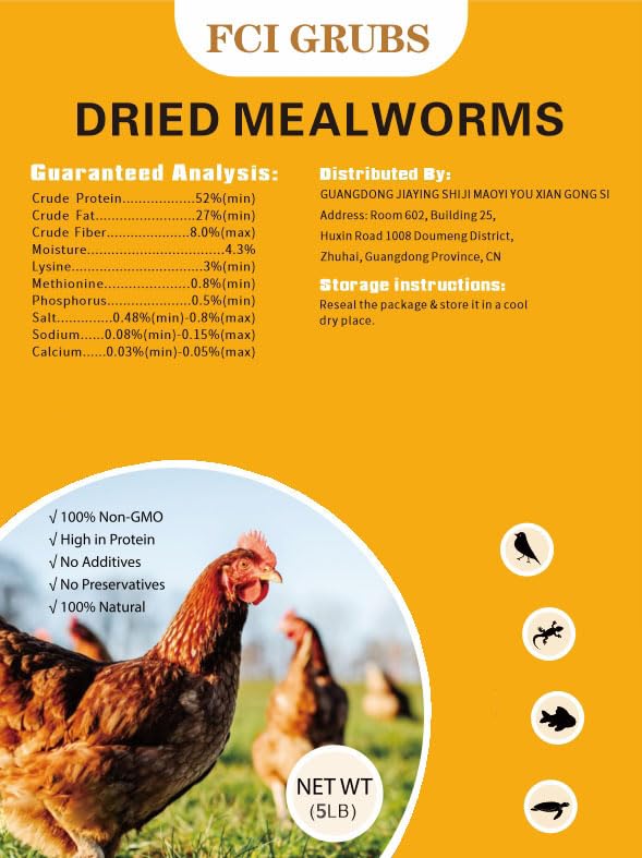 FCI Grubs dried mealworms 5lb bag close-up showing premium non GMO poultry snack