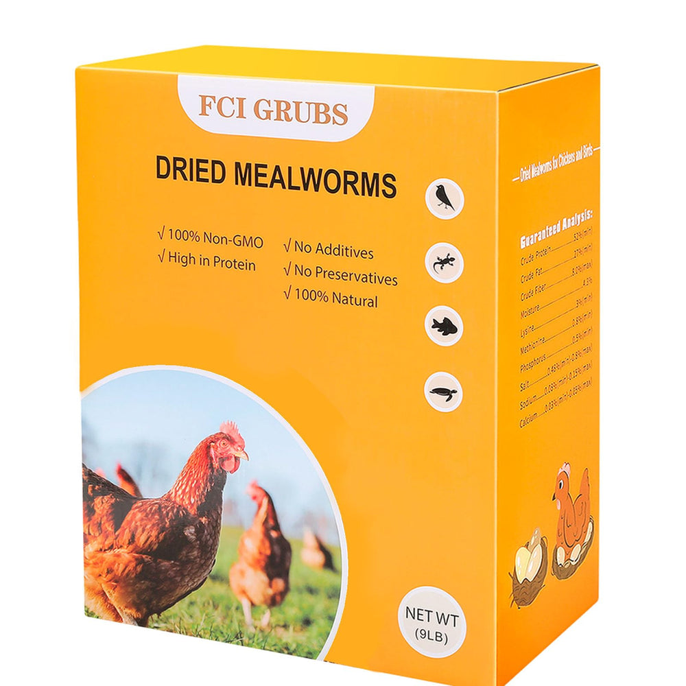 FCI GRUBS dried mealworms bag open, protein-rich poultry snack for chickens