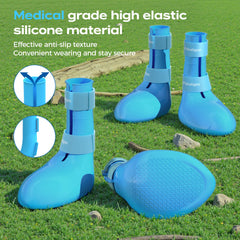 Fdceligoo blue rubber dog boots with adjustable strap highlight easy on-off.