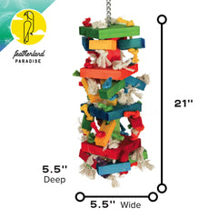 Featherland Paradise Knots N Blocks hanging toy showing swing action for large birds