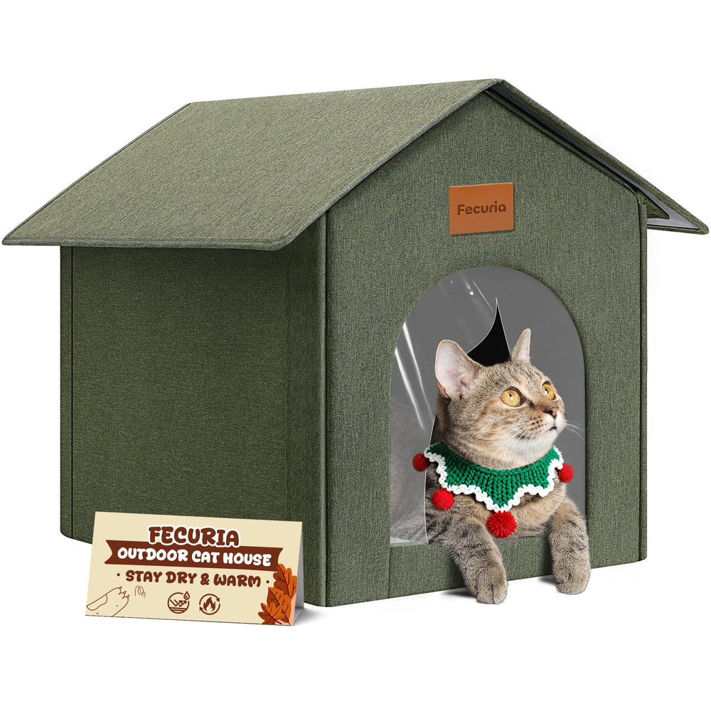 Fecuria outdoor cat house in olive green exterior provides durable shelter.