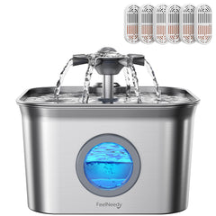 FEELNEEDY stainless-steel cat fountain with flowing water to boost hydration.