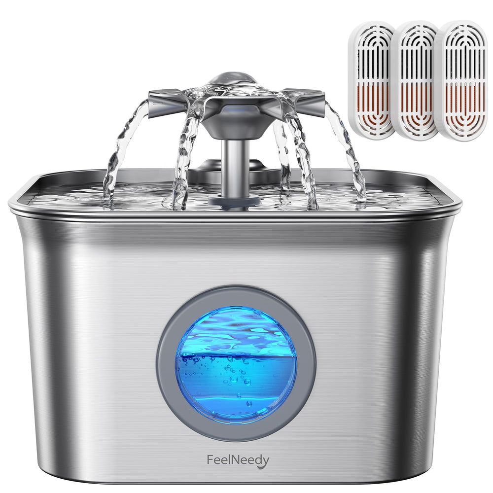 FEELNEEDY stainless steel cat water fountain front view, showcasing large 2.8L hydration capacity for pets.