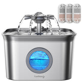 FEELNEEDY stainless steel cat water fountain front view, showcasing large 2.8L hydration capacity for pets.