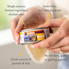 Feline Natural high-meat chicken-feast-closeup highlights real meat for lean muscles.