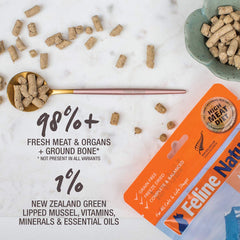 Feline Natural freeze-dried diet close-up on ingredient list emphasizing transparency.