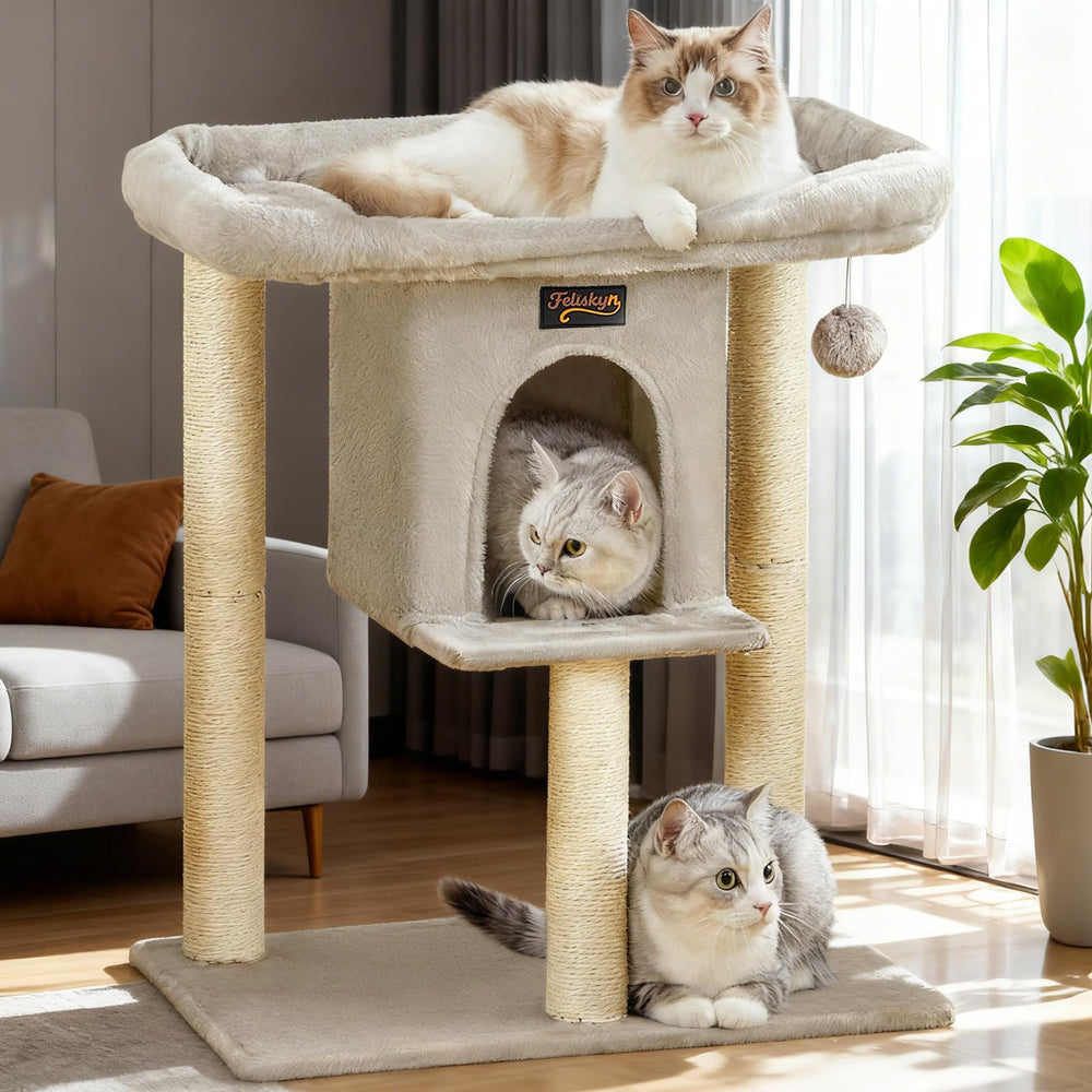 Feliskyn cat tree tower for indoor large cats provides a sturdy play space for climbing and scratching.