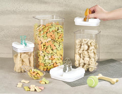 Felli Flip Tite containers stacked neatly keep kibble organized in the pantry.