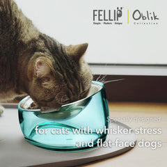 Felli Oblik wide-dish helps reduce whisker fatigue during meals.