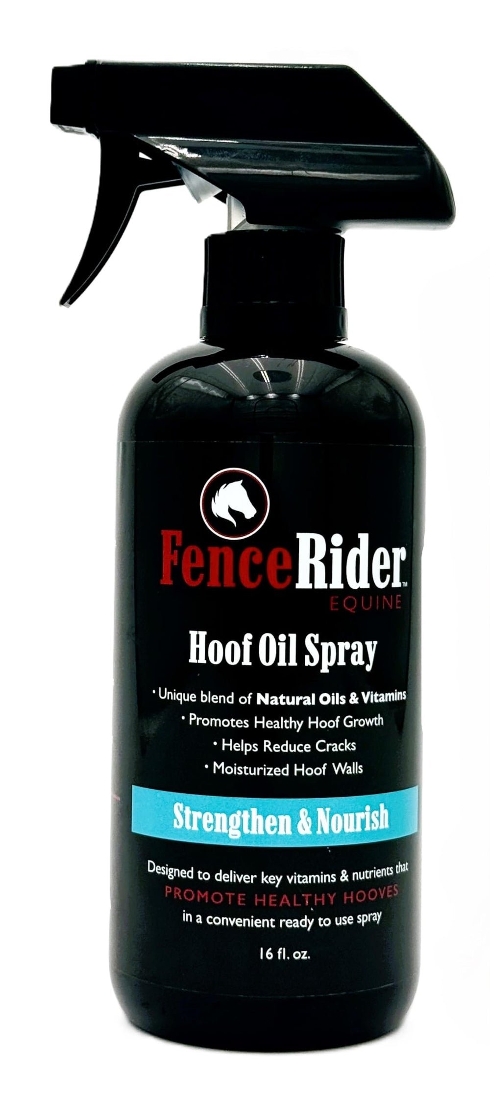 FenceRiderEquine Hoof Oil Spray bottle closeup for hoof hydration and protection.