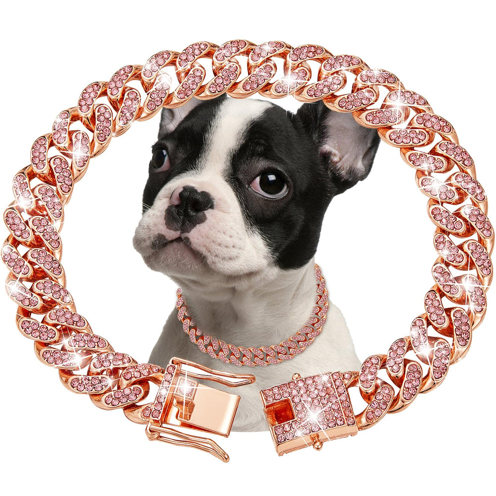 Fengco RoseGold Diamond Cuban Link Dog Collar 22inch close-up with zirconia sparkle.