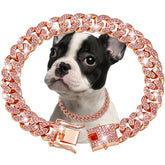 Fengco RoseGold Diamond Cuban Link Dog Collar 22inch close-up with zirconia sparkle.