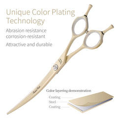 Fenice Peak curved dog grooming scissors with ergonomic handle for comfortable use.