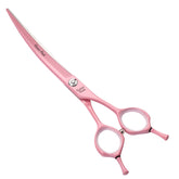 Fenice Peak curved dog grooming scissors with pink coating for precise, comfortable grooming