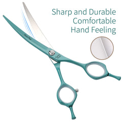 Fenice Peak curved scissors with silencer design reducing noise during grooming.