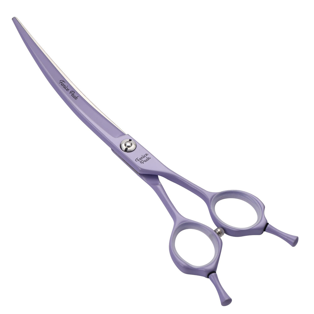 Fenice Peak curved dog grooming scissors with violet coating for precise curved cuts
