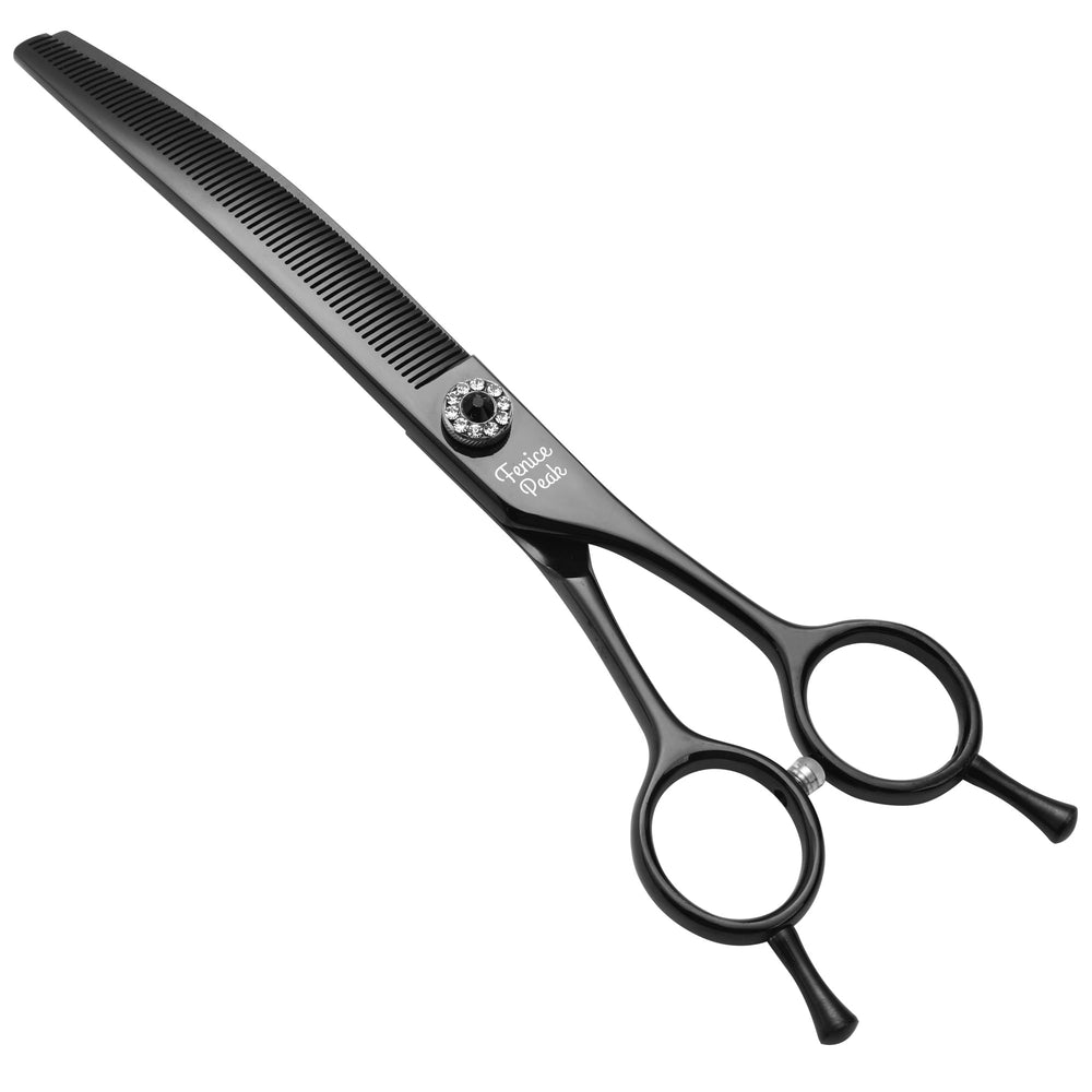 Fenice Peak curved thinning scissors 7-inch blade closeup showing ultra-sharp precision