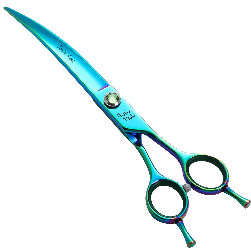 Fenice Peak green curved dog grooming scissors with ergonomic offset handle for comfortable trimming