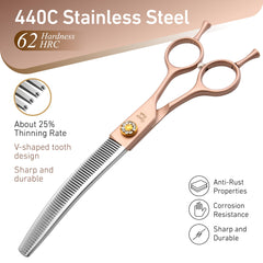Fenice Peak thinning scissors blade close-up highlights ultra-sharp edges for clean cuts.