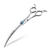 Fenice Totem curved shear 45deg arc closeup shows precise edge for smooth dog grooming