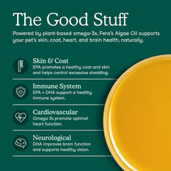 Fera Pets Algae Oil dog-meal-topper drizzled on kibble for skin and coat care.