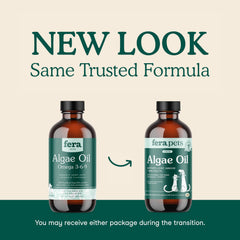 Fera Pets Algae Oil label-closeup highlighting EPA and DHA for heart and brain support.