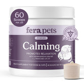 Fera Pets calming supplement bottle closeup promotes pet relaxation and mood balance.