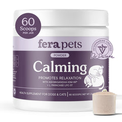 Fera Pets calming supplement bottle closeup promotes pet relaxation and mood balance.