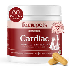 Fera Pets Cardiac Support bottle shows 60 heart-healthy capsules for daily care.