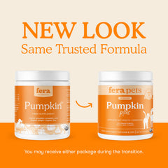 Fera Pets cat-dog pumpkin plus ingredients bowl showcases organic fiber blend for digestive balance.