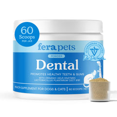 Fera Pets dental powder bottle closeup, veterinarian-formulated for fresh breath.