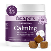 Fera Pets dog calming chews bottle close-up highlighting Priome postbiotic blend