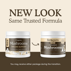 Fera Pets Mushroom Supplement label close-up shows USDA Organic and NASC seal
