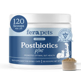 Fera Pets Postbiotics Plus Prebiotics bottle demonstrates convenient digestion support.