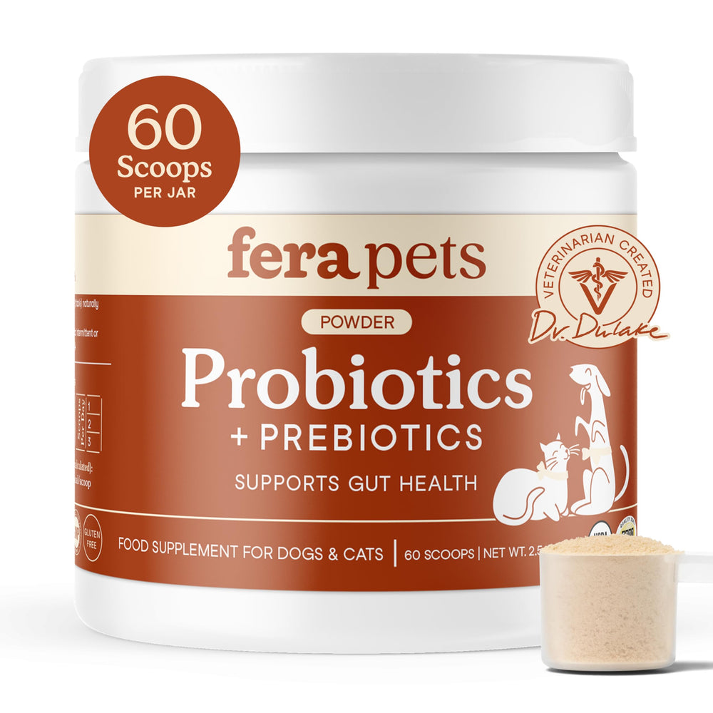 Fera Pets Probiotics tub front with organic label for gut support.