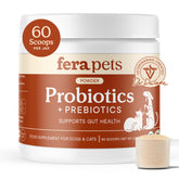 Fera Pets Probiotics tub front with organic label for gut support.