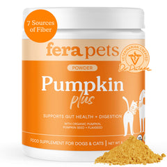 Fera Pets Pumpkin Plus powder with scoop for easy dosing and fiber support.