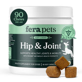 Fera Pets Hip and Joint bottle demonstrates mobility support from a vet-founded formula
