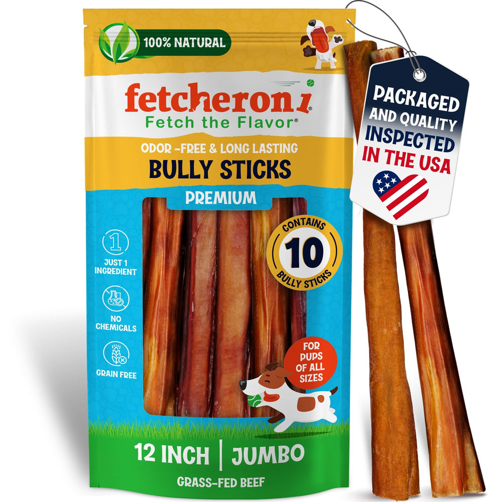 Fetcheroni jumbo bully stick 12-inch pack for large dogs.