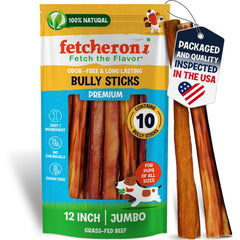 Fetcheroni jumbo bully stick 12-inch pack for large dogs.