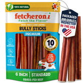 fetcheroni bully sticks 6in packaging shows a long lasting dog chew.