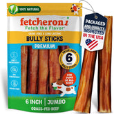 Fetcheroni Jumbo Bully Sticks 6-pack—dog chew in action for long-lasting dental support.