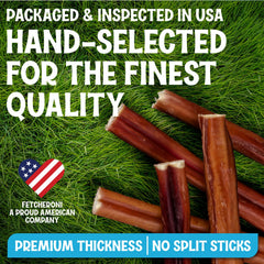 Fetcheroni jumbo bully sticks packaging and label showing hormone-free beef sourcing.