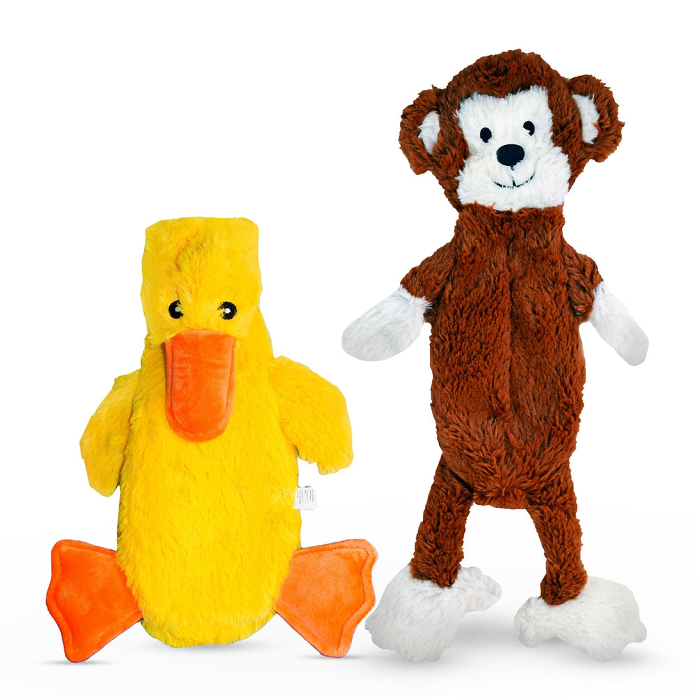 FGA MARKETPLACE Duck-Monkey Flat dog toy front view showcases quiet design for peaceful play.