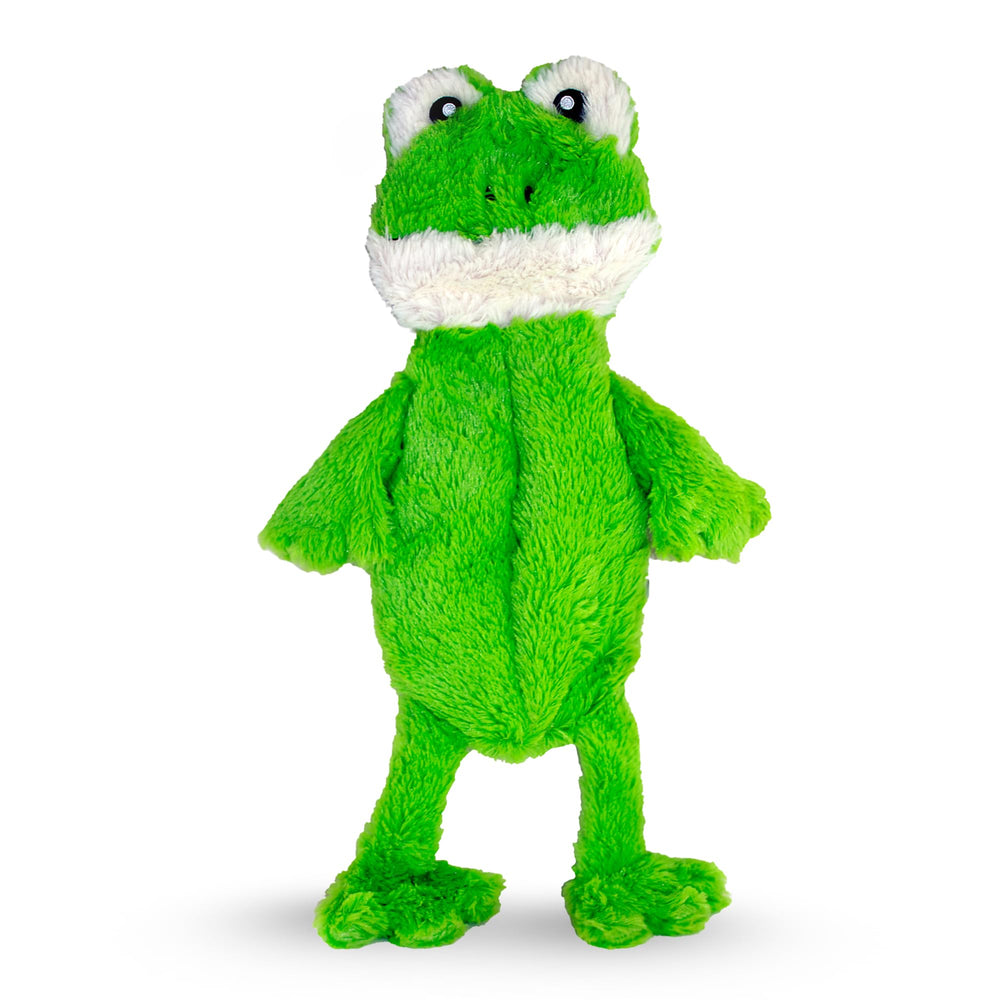 FGA MARKETPLACE Frog Flat No-Squeak Toy closeup highlights soft plush fabric for quiet play