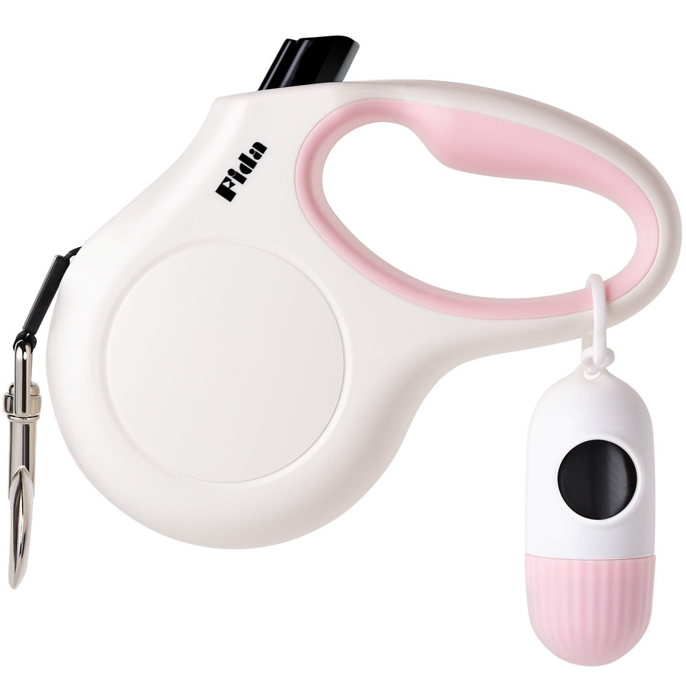 Fida retractable leash for small dogs up to 26 lbs in white-pink, emphasizing gentle control
