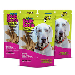Fido Belly Bones yogurt-flavored packaging with resealable pouch for fresher treats.