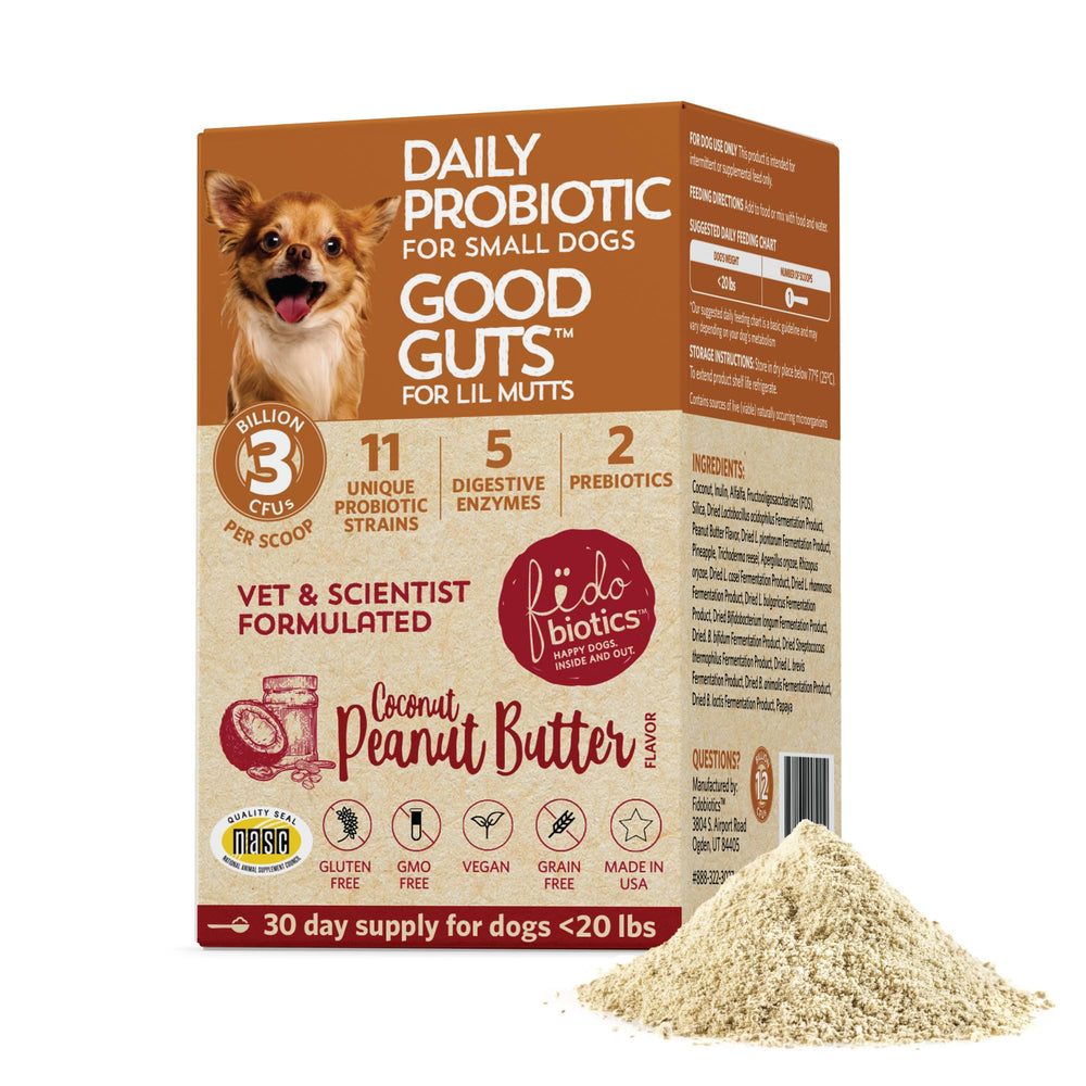 Fidobiotics Good Guts for Lil Mutts bottle and scoop show easy daily dosing to support a balanced gut.