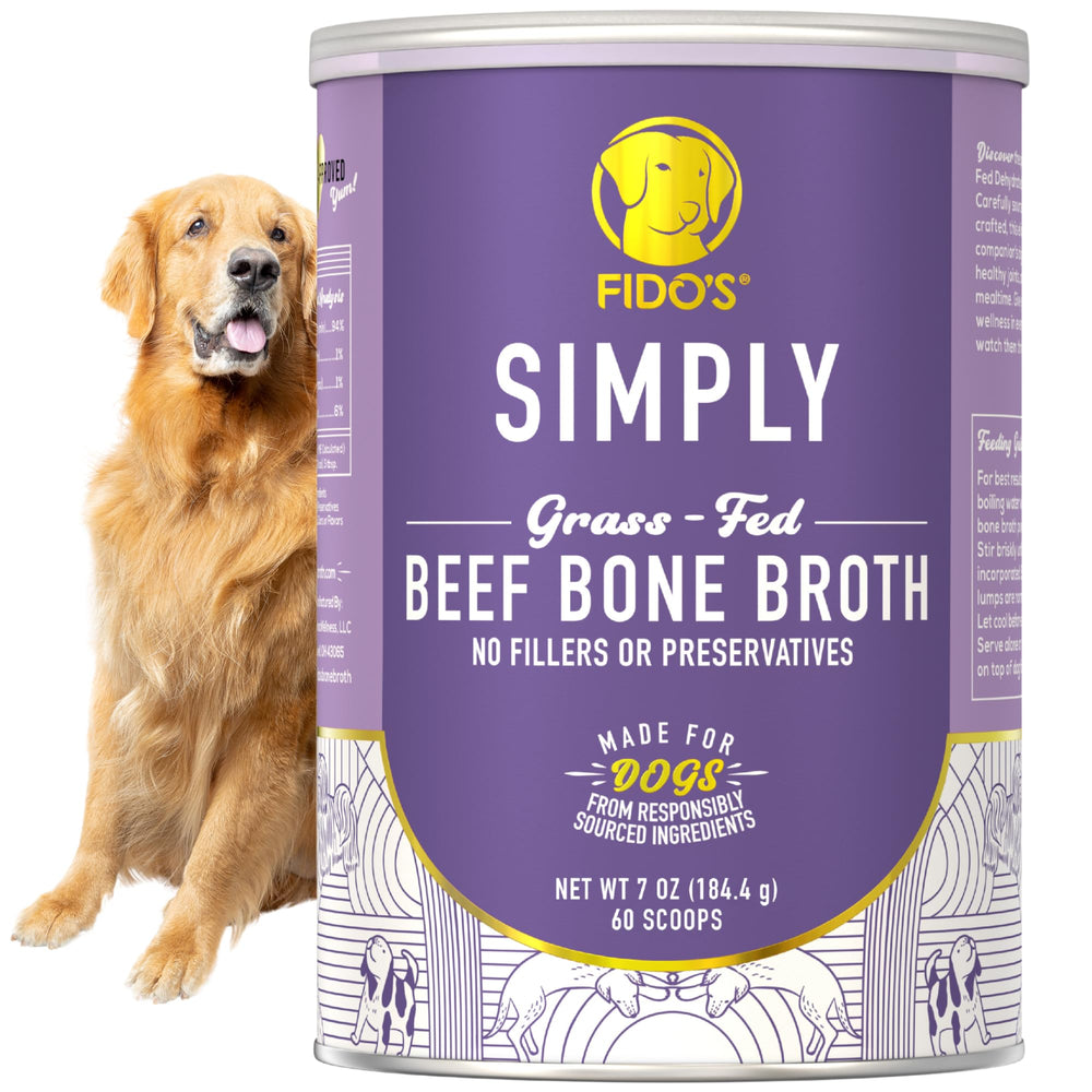 Fido's grass-fed beef bone broth powder container boosts meal flavor and hydration.